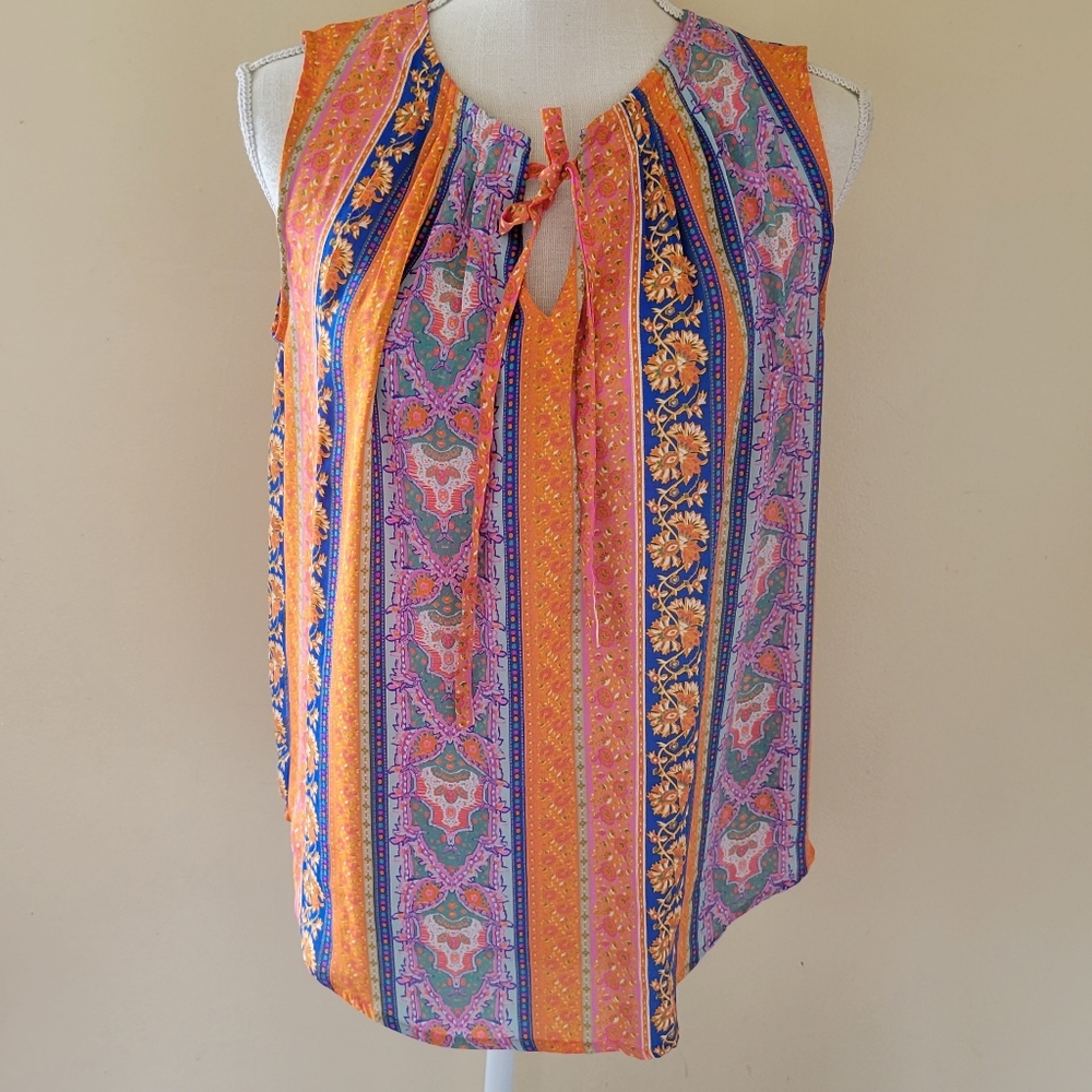 Cynthia Rowley Orange Blue Pink Sleeveless Printed Tie-Neck Blouse